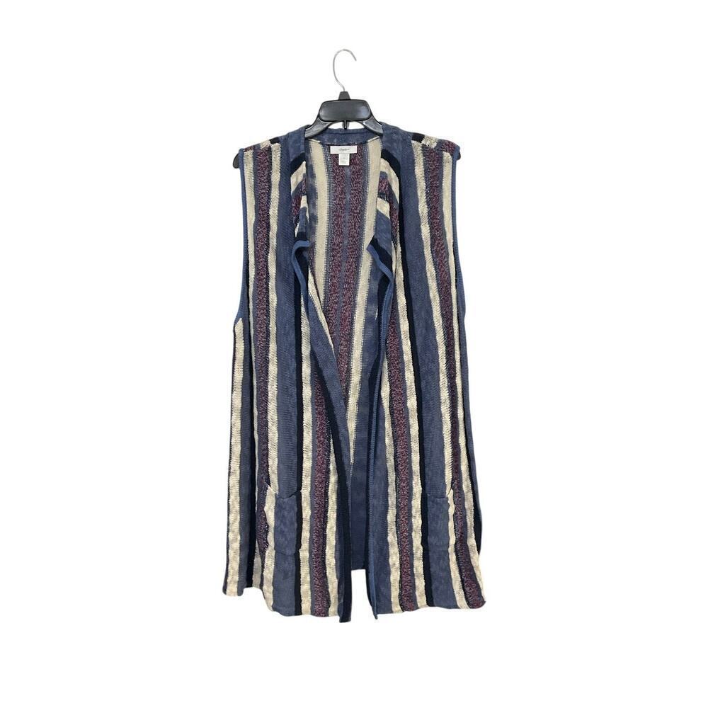 CJ Banks Striped Knit Duster Cardigan Vest Open Blue/Purple Sparkly Sz 3x Plus